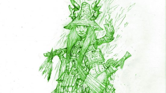 Paizo sketch of an Animist, one of the new Pathfinder classes