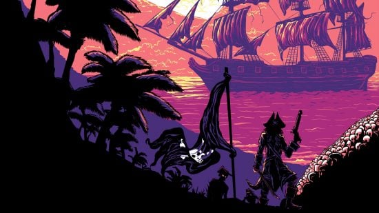 Pirate Borg review - Free League art of a pirate and zombies silhouetted on a coast as a ship sails by in the background