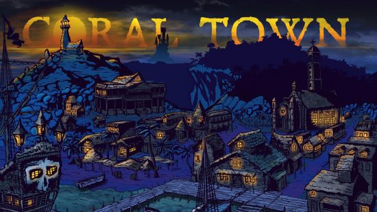 Pirate Borg review - Free League art of Coral Town at night