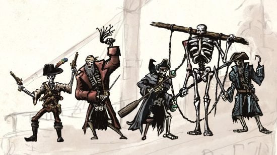 Pirate Borg review - Free League art of five skeleton pirates