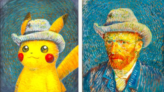 Pokemon TCG Pikachu van Gogh card art next to van Gogh self portrait