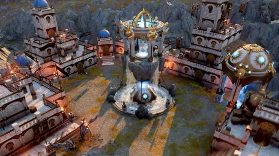 Realms of Ruin map editor - a city square constructed in the Diorama mode for Warhammer: Age of Sigmar Realms of Ruin, featuring a hovering pagoda constantly spilling water