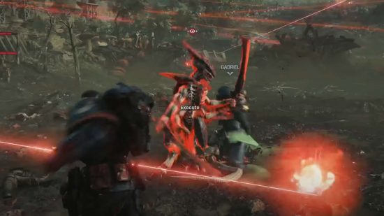 Space Marine 2 combat - screenshot from the Gamescom preview trailer, a Tyranid warrior glowing red and susceptible to an execution