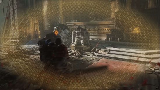 Space Marine 2 combat - screenshot from the extended gameplay trailer, with visual effects indicating the player has taken damage