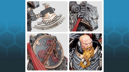 Space Marine character - details of a Space Wolves praetor, showing a power axe, harnessed shield, unhelmeted bearded head, and a wolfpelt