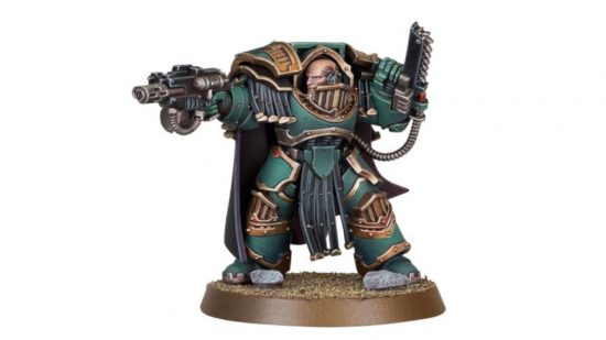 A Space Marine Praetor in sea green Cataphractii Terminator armor, marking him as one of the Sons of Horus.