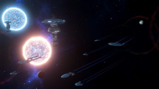 Star Trek Infinite showing federation ships in a star system with two suns