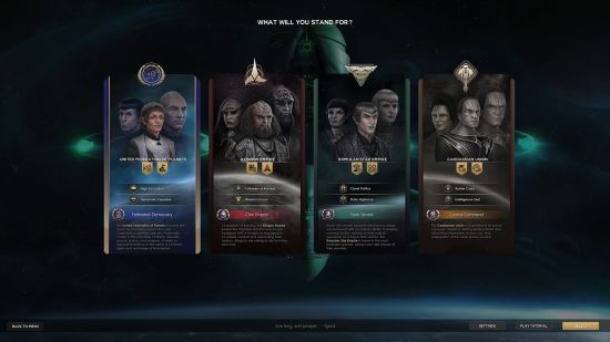 Star Trek Infinite screenshot showing the race selection screen.