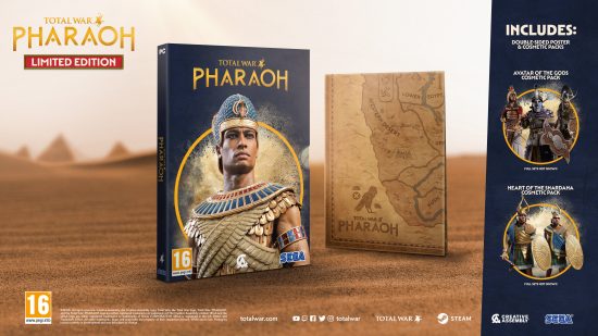 Total War Pharaoh release date - official SEGA promotional image showing the Total War Pharaoh limited physical edition including a map