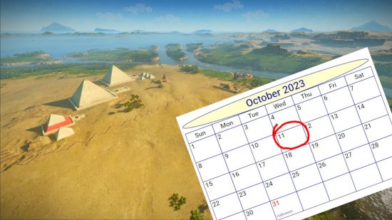 Total War Pharaoh release date - official SEGA screenshot showing the pyramids, with an overlaid calendar graohic indicating the release date