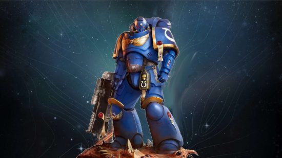 Warhammer 40k Starfield mod project - a Primaris Space Marine, a blue and gold armored warrior of the Emperor, superimposed on the starscape from Starfield advertising