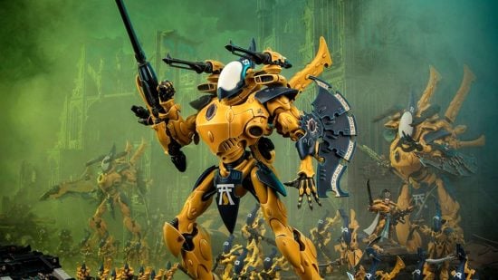 Warhammer 40k balance dataslate fall 2023 - a yellow Aeldari wraithknight, a towering bipedal war construct made from psychic wraithbone