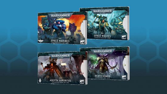 Warhammer 40k balance dataslate fall 2023 - a display of index cards packs for four factions