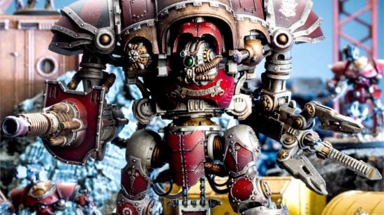 Warhammer 40k balance dataslate fall 2023 - an Impeial Knight Magaera, a huge walking warmachine in red and brass armor, armed with a huge claw and lightning gun