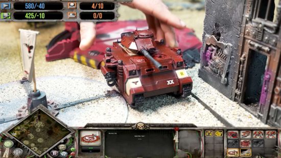 Warhammer 40k Dawn of War tabletop mod by Zorpazorp - a composite image: predator destructor battle tank painted in the red and bone of the Blood Ravens, behind the UI of the videogame Dawn of War