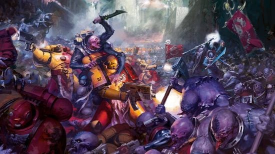 Warhammer 40k faction balance update fall 2023 - a horde of alien hybrid Genestealer Cultists swarm a yellow-armored Imperial Fists Space Marine