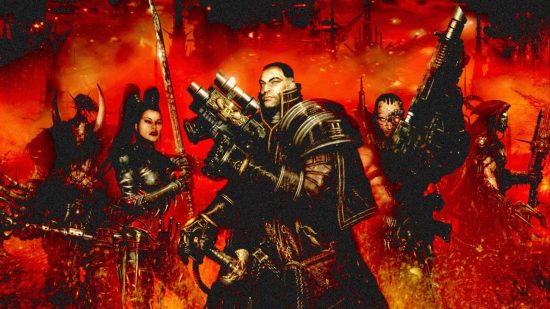 Warhammer 40k RPG bundle - cover art from Dark Heresy, a selection of Inquisitorial agents in baroque armor in a fiery haze