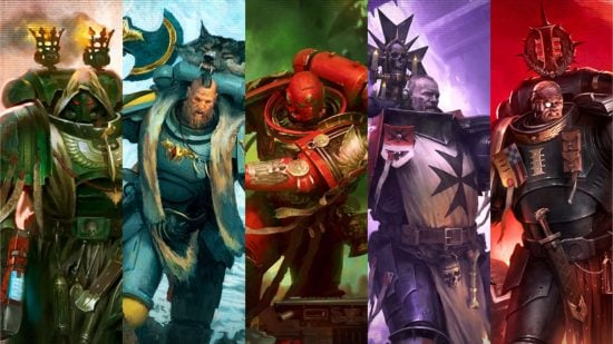 Five Warhammer 40 kSpace Marine Chapters - from left to right a green armored, white-robed Dark Angel; blue-grey armored, helmetless, axe-wielding Space Wolf; red and gold armored, charging Blood angel; black-armored, tabarded Black Templar; black and silver armored Deathwatch marine