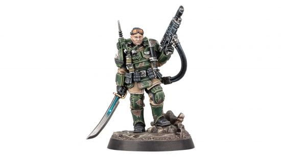 Warhammer Plus Kasrkin subscription exclusive model - a human soldier in bulky tactical combat armor, holding a power sword and a hotshot lasgun