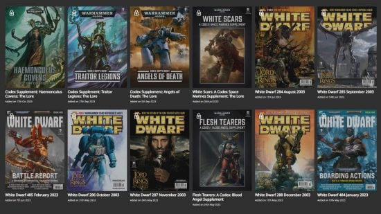 Screenshot from the Warhammer Vault - a grid showing a variety of older Games Workshop publications