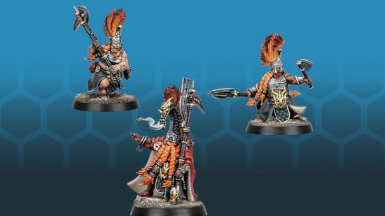 Warhammer Age of Sigmar Warcry warband Vulkyn Flameseekers - three dwarves with red hair, one armed with a big halberd