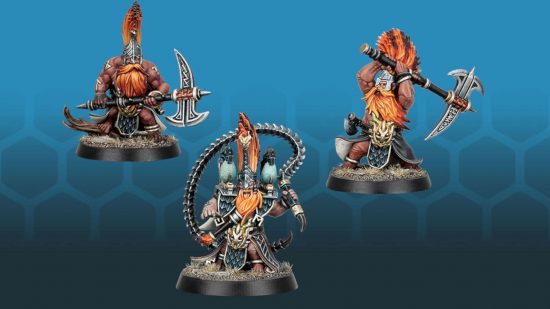 Warhammer Age of Sigmar Warcry warband Vulkyn Flameseekers - three dwarves with red hair, one armed with a flail