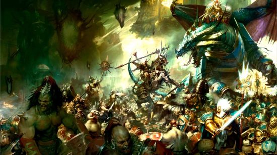 Create Warhammer art as a Warhammer Age of Sigmar Illustrator - a battle between the forces of Chaos and the Stormcast Eternals - a monster-riding chaos knight faces a dragon riding Stormcast