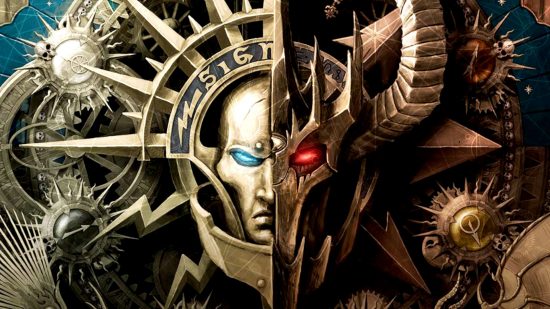 Create Warhammer art as a Warhammer Age of Sigmar Illustrator - ornamental design, a split golden facemask, on one-side a blue-eyed, haloed Stormcast Eternal, on the other a red-eyed, horned warrior of Chaos