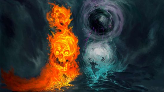 Create Warhammer art as a Warhammer Age of Sigmar Illustrator - two endless spells, a flaming skulls, and paired orbs of light and dark mist