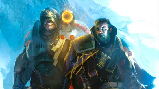 Cover art from Eisenhorn, a Warhammer book published by Black Library - two men, both seriously dangerous looking, one in the facing hiding carapace armor of an Arbites enforcer, the other in a long green trenchcoat.