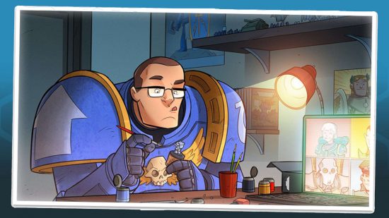 Illustration by Warhammer Community - a Space Marine in glasses painting Warhammer miniatures under a desklight, while on a video call with friends