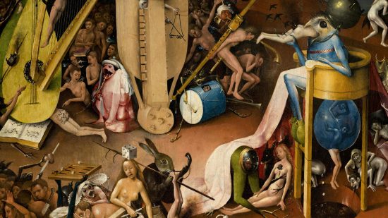 Detail from Heironymous Bosch' Garden of Earthly Delights, weird instruments with a giant birdman on a throne devouring a human