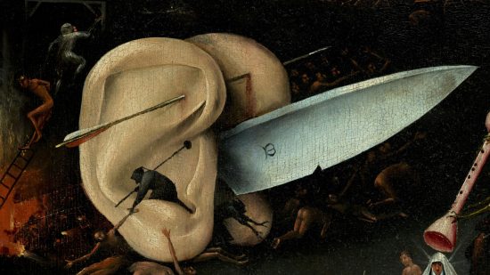 Detail from Heironymous Bosch' Garden of Earthly Delights, a pair of ears pinned back to back by an arrow, a knife protruding between them