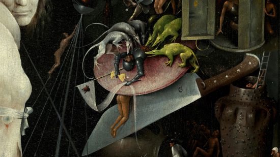 Detail from Heironymous Bosch' Garden of Earthly Delights, a pack of dogs devouring a knight on a round disc held on a knife