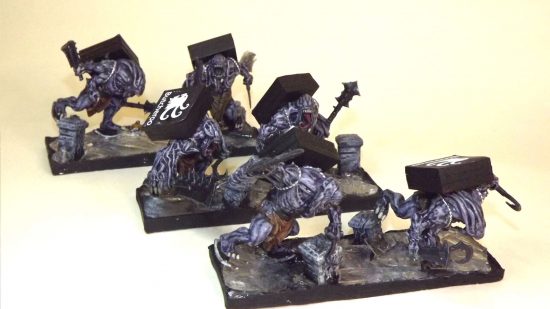 Army for Warhammer rival Kings of War inspired by the art of Heironymous Bosch - ice-skating butchers with pizza delivery boxes on their back