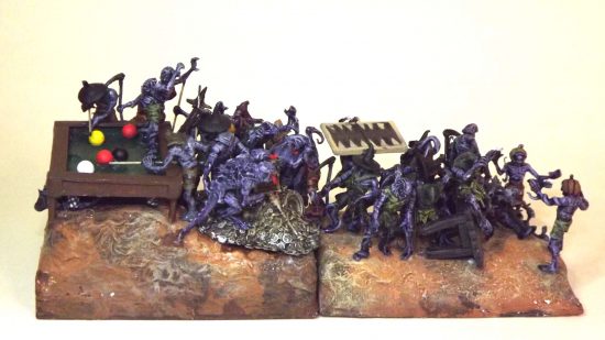 Army for Warhammer rival Kings of War inspired by the art of Heironymous Bosch - purple scarecrows playing pool and backgammon