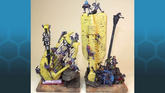 Army for Warhammer rival Kings of War inspired by the art of Heironymous Bosch - purple scarecrow playing two giant musical instruments