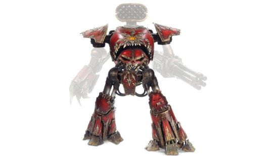 Warhammer Titans - a Chaos Reaver titan, a red-carapaced humanoid robot, its cockpit head hanging in teh centre of its torso, its armor corrupted with screaming faces and jagged livery