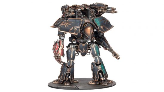 Warhammer titans - a psi-titan of the Ordo Sinister, a bipedal robot with huge pauldrons, shoulder and arm mounted weapons batteries, and a bronze helmet plate