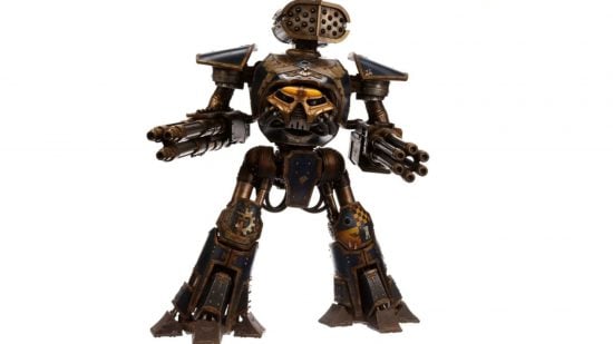 Warhammer titans - Reaver titan, a humanoid robot with a "head" in the centre of its torso, two massive guns for forearms, and a missile launcher on its hunched back