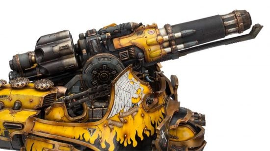 Warhammer Titans - the huge carapace-mounted gun on top of a Warbringer Nemesis titan, a truly colossal artillery piece