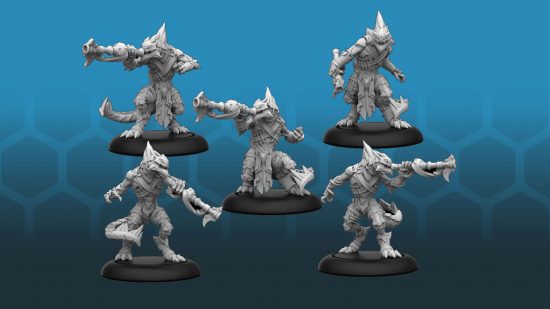 Model from the Warhammer rival Warmachine - the Shadowflame Shard quickfang unit, dragon or reptile like humanoids with blowpipes
