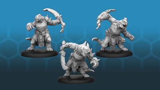 Model from the Warhammer rival Warmachine - the Shadowflame Shard Talon Deathdealers unit, three bulky reptillian creatures with swords and face-covering helmets