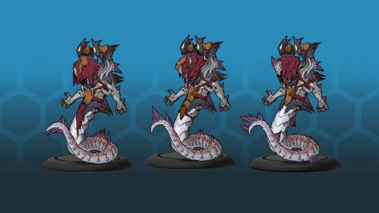 Model from the Warhammer rival Warmachine - the Shadowflame Shard wyrmspine shadowmancers illustration, three serpentine creatures with claws and hoods