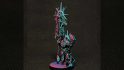 A Synthwave Age of Sigmar Stormcast Eternals Lord Relictor, an orgnately armored warrior holding aloft a reliquary and a huge warhammer, painted black with stark edge-highlighting of pink and teal