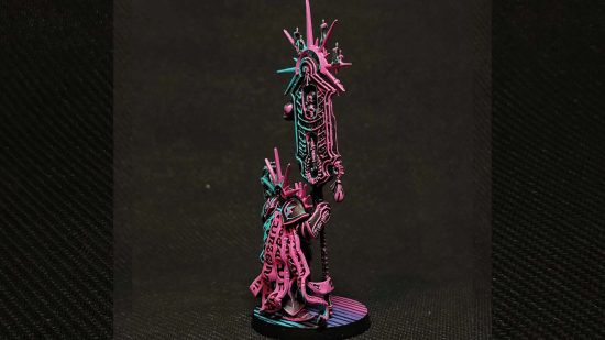 A Synthwave Age of Sigmar Stormcast Eternals Lord Relictor, an orgnately armored warrior holding aloft a reliquary and a huge warhammer, painted black with stark edge-highlighting of pink and teal