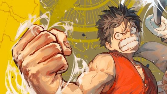 One Piece card game artwork showing Luffy raging