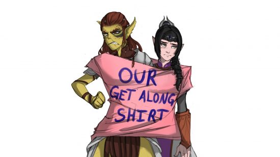 Baldur's Gate 3 fan art of Shadowheart and Lae'zel in a shared pink tshirt, labelled 'our get along shirt'