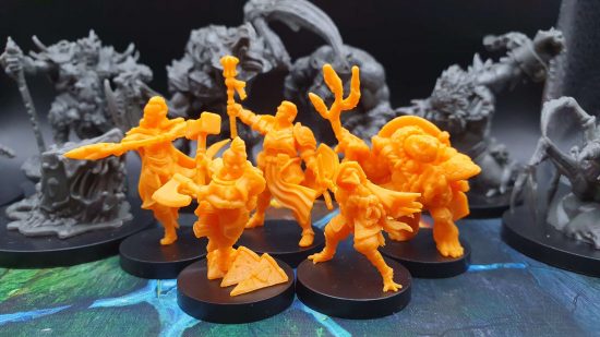 Bardsung review - a party of yellow plastic heroes surrounded by monsters