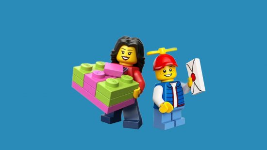 A Lego person with a large parcel that is presumably filled with things they bought during Black Friday. A Lego child stands besides them.